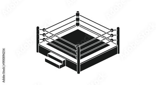 A stark black and white illustration depicts a boxing or wrestling ring viewed from an elevated isometric perspective high quality