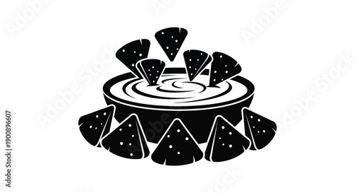 A stylized black and white illustration depicts a bowl of dip surrounded by tortilla chips high quality professional
