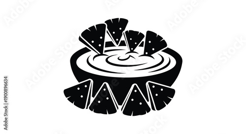 A stylized black and white illustration depicts a circular bowl of dip surrounded by tortilla chips high quality