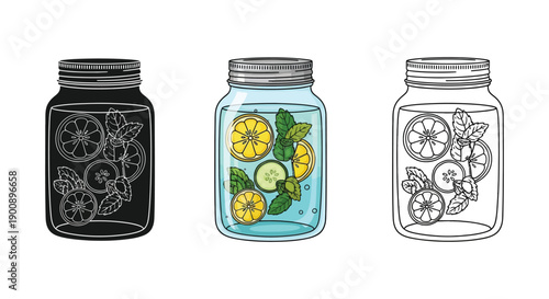 Mason jar drink illustration set with citrus and mint in silhouette, color, and outline styles