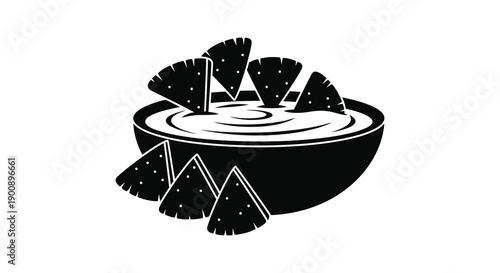 A minimalist black and white illustration depicts a bowl of dip surrounded by tortilla chips high quality professional
