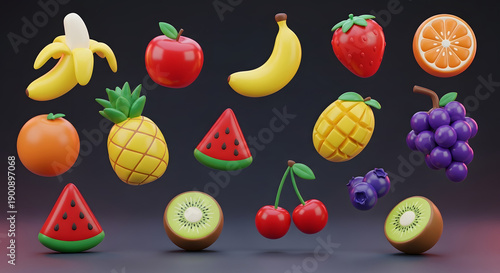 3D Rendered Colorful Fruits Collection on Dark Background