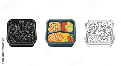 Meal prep container icon set with food portions in silhouette, color, and outline styles
