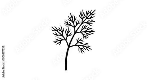 A minimalist black and white illustration depicts a delicate branching plant stem with feathery foliage high quality professional