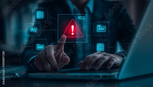 Businessman interacting with warning sign on digital interface