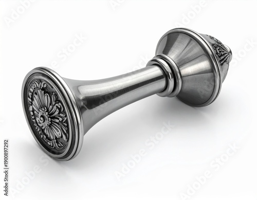 Antique Silver Rattler with Intricate Floral Design on White Background