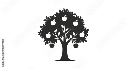 A minimalist depiction showcases a black silhouette of an apple tree bearing several round white apples high quality