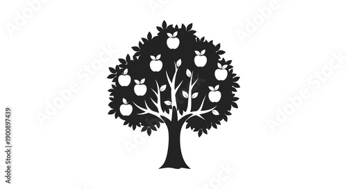 A stark black and white illustration depicts a stylized apple tree laden with fruit showcasing simplicity high quality professional detailed