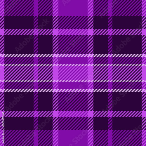 Weave texture plaid check, hounds background textile fabric. 60s vector tartan pattern seamless in purple and dark colors.