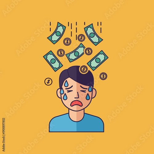 Person distressed with money falling around, sweating and crying.