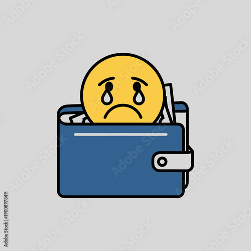 Sad emoji inside a blue wallet with tears and a distressed expression.