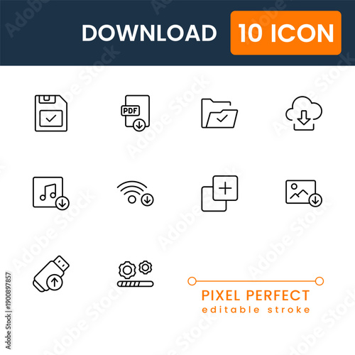 download and file icon set, data transfer and cloud storage symbols, modern flat vector download UI icons