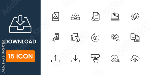 download icons collection, file transfer and cloud storage symbols, data access and save vector UI icon pack for apps