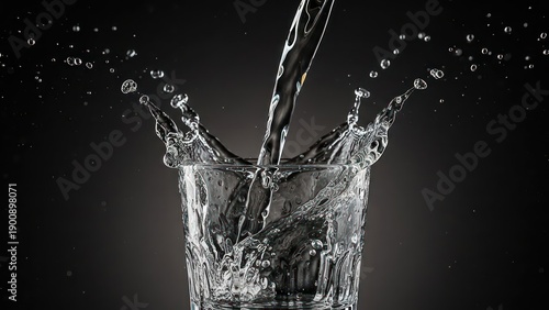 Dynamic shot of water being poured into a clear glass on a dark background showcasing action and