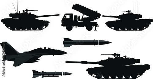 military, weapons, silhouette, tanks, missile, rocket, fighter jet, army, warfare, defense, combat, technology, security, strategy, power, modern, equipment, force, battlefield, illustration