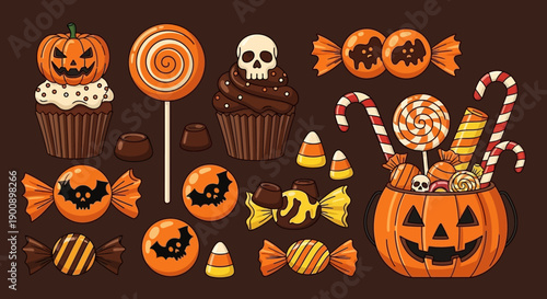 A delightful collection of Halloween-themed candies and treats, including cupcakes, lollipops, and a jack-o'-lantern overflowing with sweets.