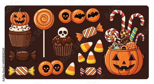 A delightful assortment of Halloween-themed candies and treats, including pumpkins, cupcakes, lollipops, and candy corn, arranged on a dark background.