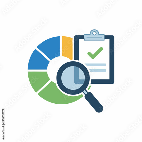 Illustration of a pie chart with a magnifying glass and a clipboard with a checkmark.