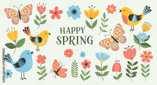 A vibrant illustration celebrating the arrival of spring with cheerful birds, colorful butterflies, and blooming flowers.
