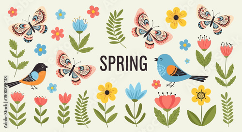 A vibrant illustration celebrating the arrival of spring with colorful butterflies, birds, and blooming flowers.
