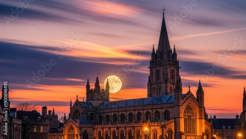 Full moon rising behind the majestic Oxford's architecture during dramatic sunset sky creating
