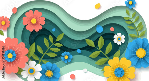 A vibrant paper-cut style illustration featuring colorful flowers and green foliage against a layered background.