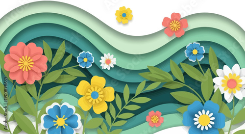 A vibrant and colorful paper-cut style illustration featuring a variety of blooming flowers and lush green leaves set against a backdrop of layered green waves.