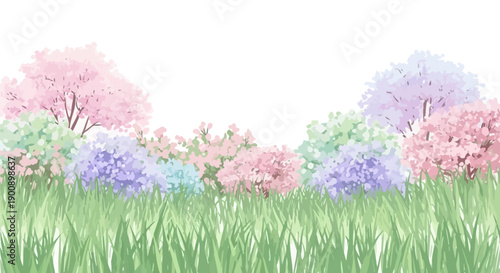 A beautiful watercolor illustration of a lush green meadow with blooming trees and bushes in soft pastel colors, evoking a serene spring landscape.