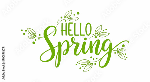 Hello Spring text with green leaves and dots, symbolizing the arrival of the new season.