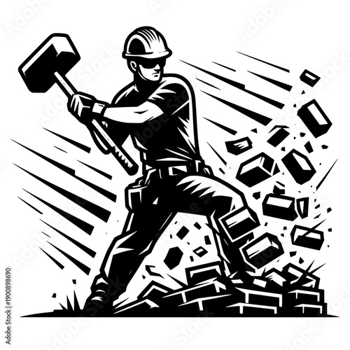 Demolition Worker Breaking Bricks