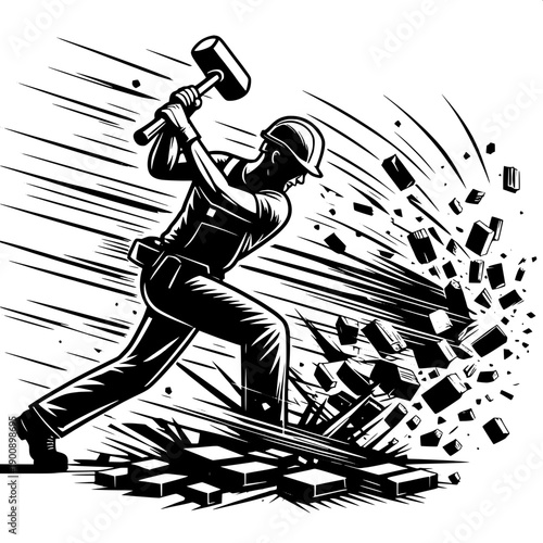 Demolition Worker Breaking Bricks