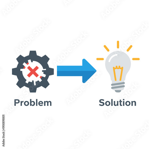 Gear with a red cross leading to a lightbulb symbolizing problem-solving and innovation.