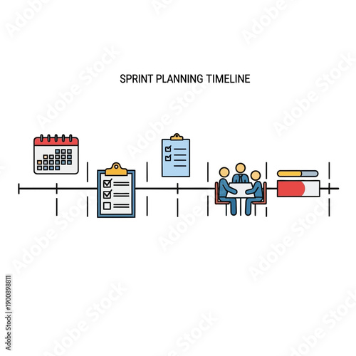Illustration of a sprint planning timeline with icons representing tasks and meetings.