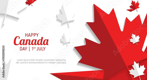 Happy Canada Day celebration with red and white maple leaves, graphic design.
