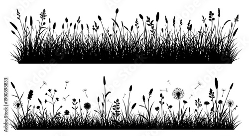 Two silhouettes of wild grasses and flowers, one dense and one sparse with dandelion seeds blowing in the wind.