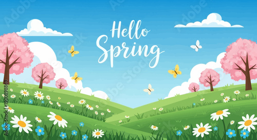 A beautiful spring landscape with rolling green hills, blooming cherry blossom trees, and a field of daisies and blue flowers under a bright blue sky with fluffy clouds and butterflies.