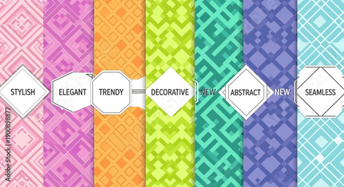 A vibrant collection of seven seamless geometric patterns in a variety of bright, eye-catching colors, each with a unique abstract design.