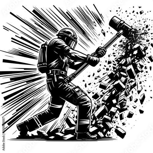 Concrete Wall Demolition Worker