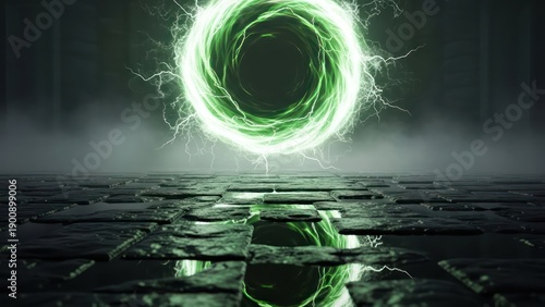 Mystical green energy vortex above a stone surface reflecting the luminous halo