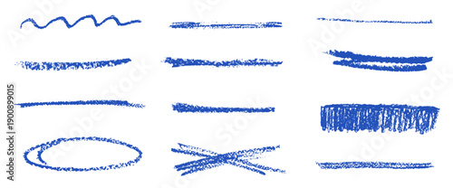 Hand drawn blue underlines. Crayon line pencil brush stroke texture chalk strikethrough hand pen drawn highlight forms for school projects and creative kids’ art. Vector freehand scribble divider.
