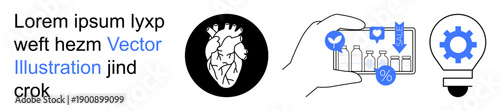 Medical innovation, technology, diagnosis, wellness, pharmaceutical advancements, creativity. Human heart, bottles on a mobile interface gear within a bulb. Medical innovation and technology concept