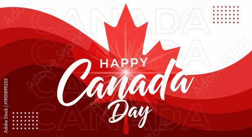 Happy Canada Day celebration with a prominent red maple leaf and flowing red and white abstract background.