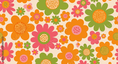 A vibrant and retro-inspired seamless pattern featuring a cheerful arrangement of stylized flowers in bold orange, pink, and green hues against a cream background.