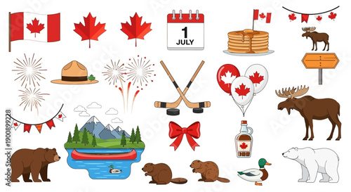 A vibrant collection of Canadian symbols and icons, including flags, maple leaves, wildlife, and cultural elements, celebrating Canada Day.