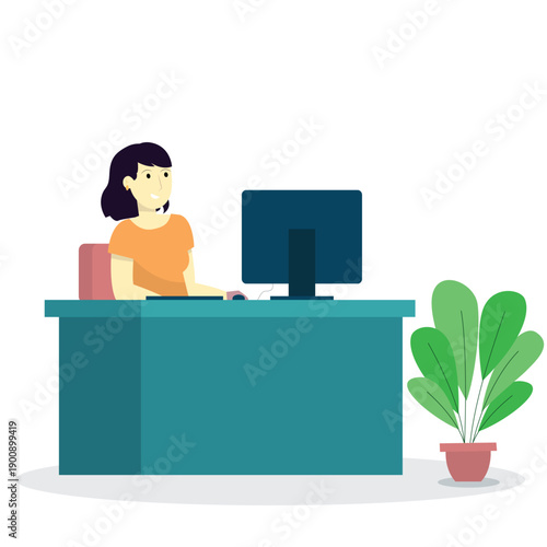 a young businesswoman is sitting in front of a laptop in the office
