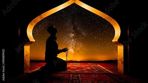 Silhouette of a devout Muslim man kneeling in prayer holding prayer beads under a dramatic, star-filled night sky framed by an ornate archway, symbolizing faith.