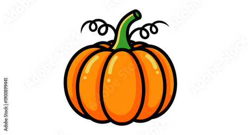 A vibrant cartoon illustration of a plump, ripe orange pumpkin with a green stem and curly tendrils.