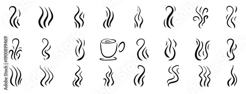 Hot steam rising from coffee cup doodles set. Aroma waves and smoke lines minimalist. Uneven element for food and beverage branding concepts. Vector food smell set isolated isolated.