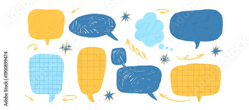 Crayon drawn and crumpled papers speech bubbles. Scrap dialogue balloons with chalk texture and math cutout stickers. Comic bubbles in blue, yellow colors. Cute doodle message frames. Vector chat set.