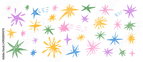 Pastel brush magic stars. Hand-drawn crayon spark falling set. Pencil scribble twinkles collection. Kids paint stickers blinks. Christmas childish blue, yellow vector asterisk isolated no background.